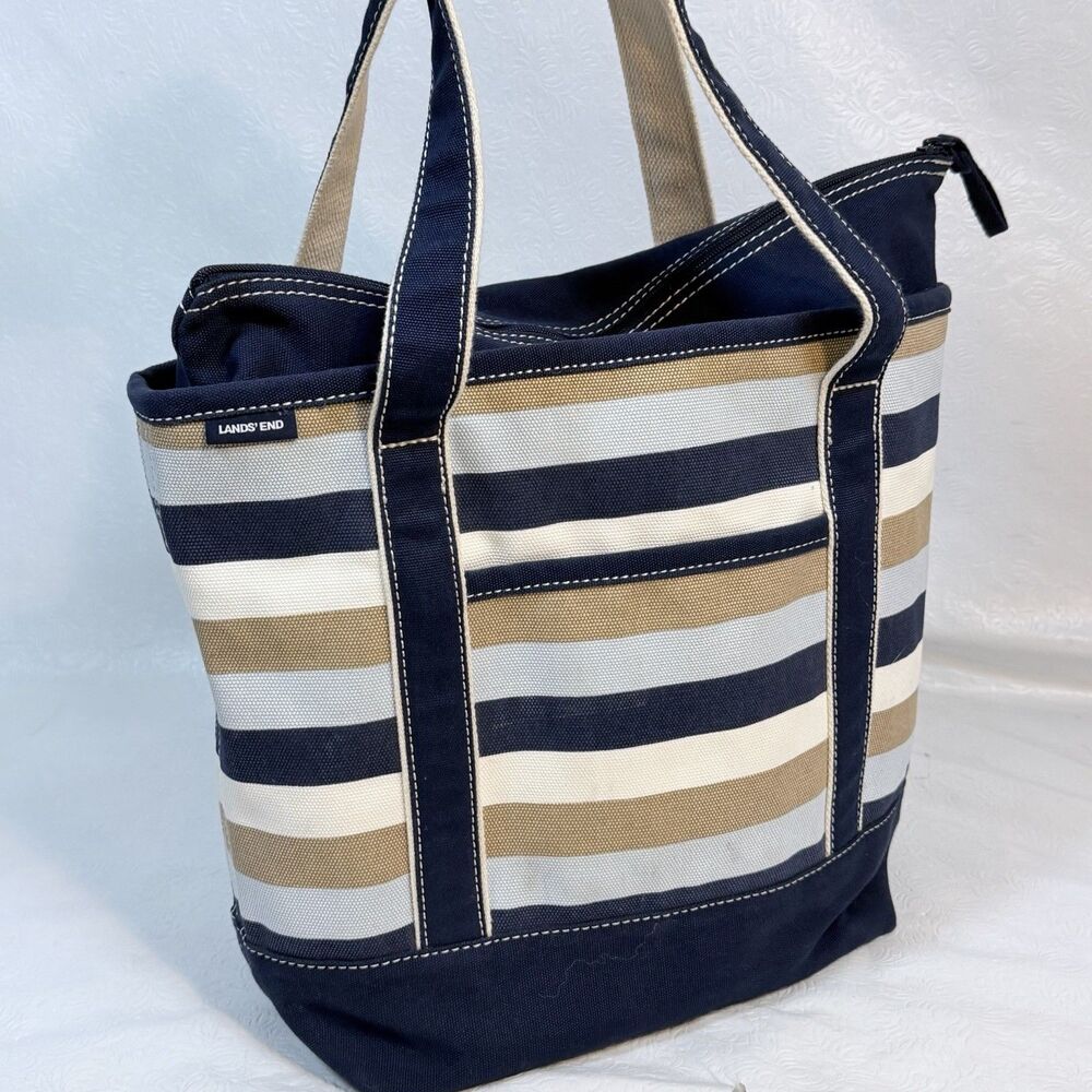 Lands End Tote Bag Blue Striped Zip Top